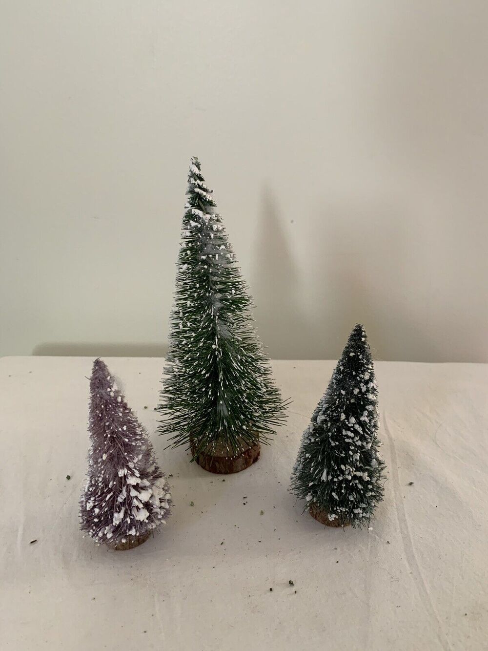Christmas Village Evergreen Trees Snowy Flocked Bristle Bottle Brush Lot of 3